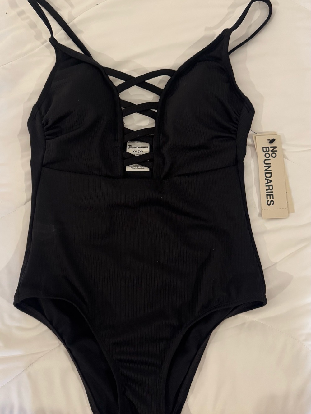 No Boundaries Black Ribbed Crisscross One-Piece Swimsuit